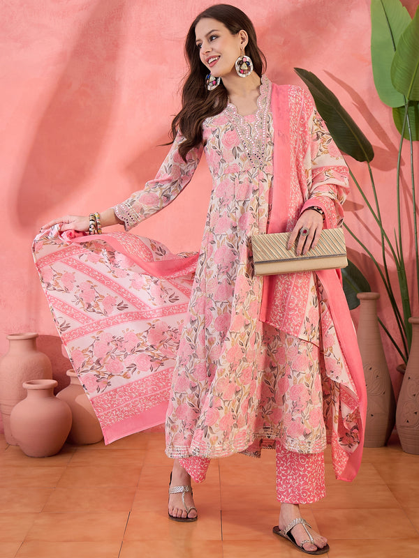 Embroidered Kurta & Trousers With Dupatta Kurta Set