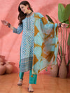 Skyline Bloom Blue Floral Printed Cotton Kurta with Trouser & Dupatta