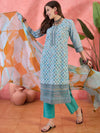 Skyline Bloom Blue Floral Printed Cotton Kurta with Trouser & Dupatta