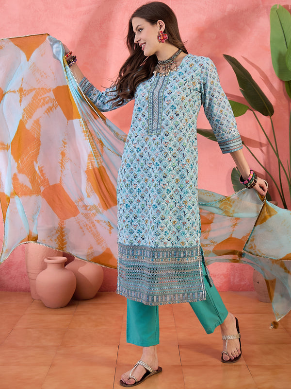 Skyline Bloom Blue Floral Printed Cotton Kurta with Trouser & Dupatta