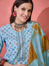 Skyline Bloom Blue Floral Printed Cotton Kurta with Trouser & Dupatta