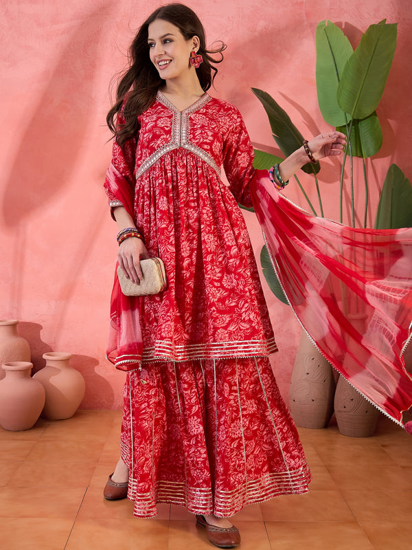 Carmine Red Floral Cotton Anarkali Kurta with Sharara & Dupatta