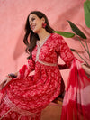 Carmine Red Floral Cotton Anarkali Kurta with Sharara & Dupatta