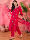 Ruby Mirage Red Zari Embroidered Floral Kurta with Trouser & Dupatta