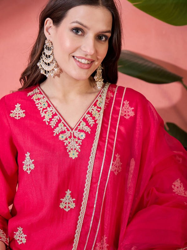 Ruby Mirage Red Zari Embroidered Floral Kurta with Trouser & Dupatta