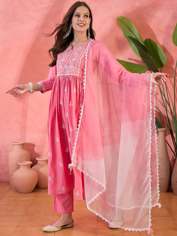 Sunpetal Glow Peach Embroidered Cotton Anarkali Kurta with Trouser & Dupatta