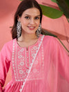 Sunpetal Glow Peach Embroidered Cotton Anarkali Kurta with Trouser & Dupatta