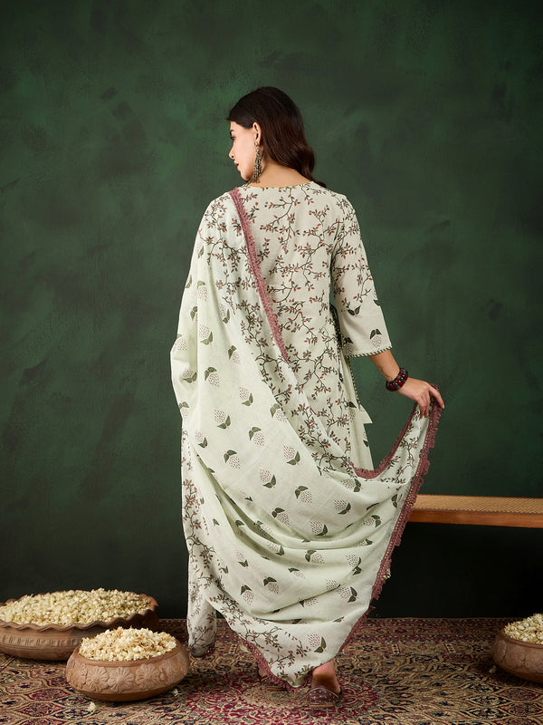 Sand Petal Beige Floral Printed Cotton Kurta with Pyjama & Dupatta