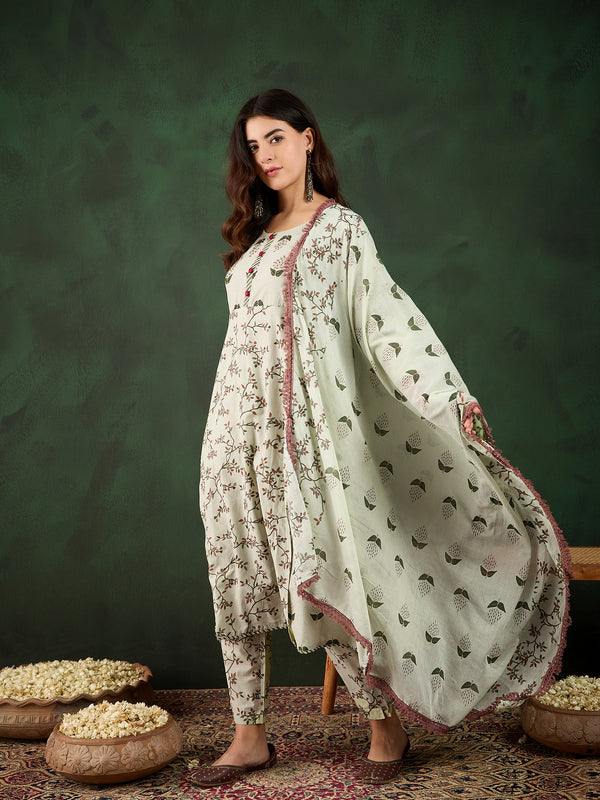 Sand Petal Beige Floral Printed Cotton Kurta with Pyjama & Dupatta