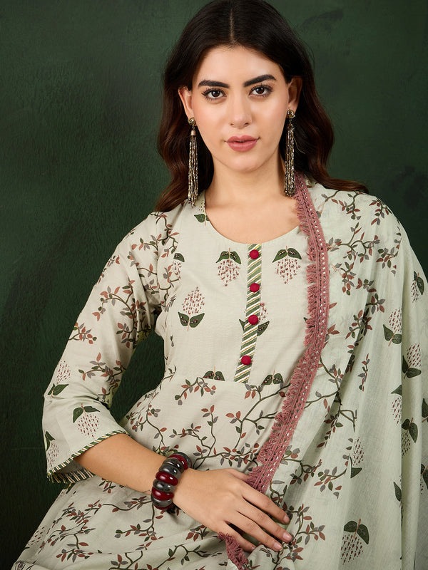 Sand Petal Beige Floral Printed Cotton Kurta with Pyjama & Dupatta