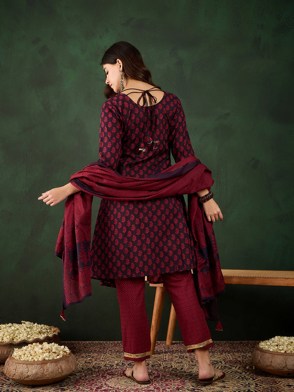 Gotta Grace Printed V-Neck Cotton A-Line Kurta & Trouser with Dupatta