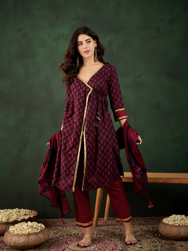 Gotta Grace Printed V-Neck Cotton A-Line Kurta & Trouser with Dupatta