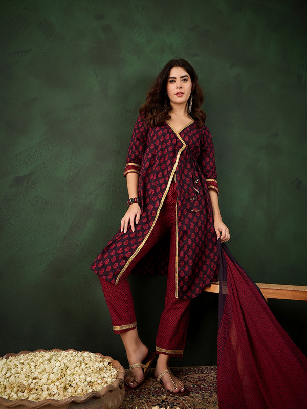Gotta Grace Printed V-Neck Cotton A-Line Kurta & Trouser with Dupatta