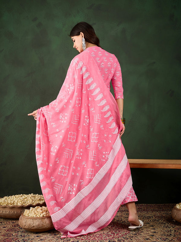 Blush Bloom Pink Floral Printed Cotton Kurta with Trousers & Dupatta