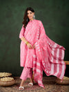 Blush Bloom Pink Floral Printed Cotton Kurta with Trousers & Dupatta