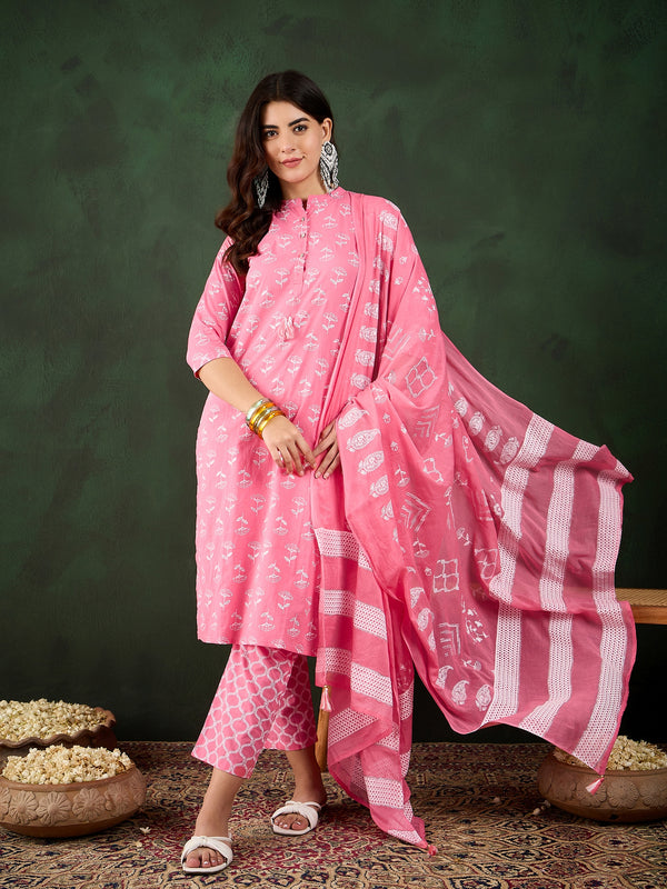 Blush Bloom Pink Floral Printed Cotton Kurta with Trousers & Dupatta