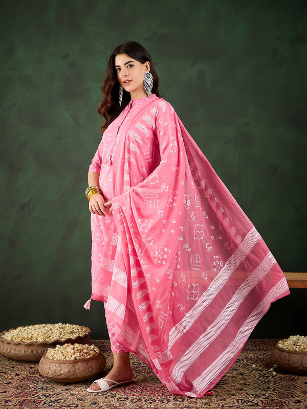 Blush Bloom Pink Floral Printed Cotton Kurta with Trousers & Dupatta