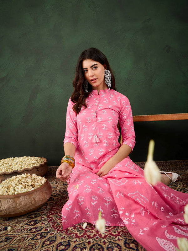 Blush Bloom Pink Floral Printed Cotton Kurta with Trousers & Dupatta