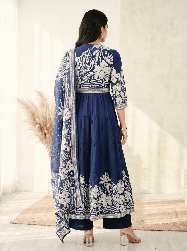 Midnight Bloom – Navy Blue Printed Anarkali Kurta Pant with Dupatta Set