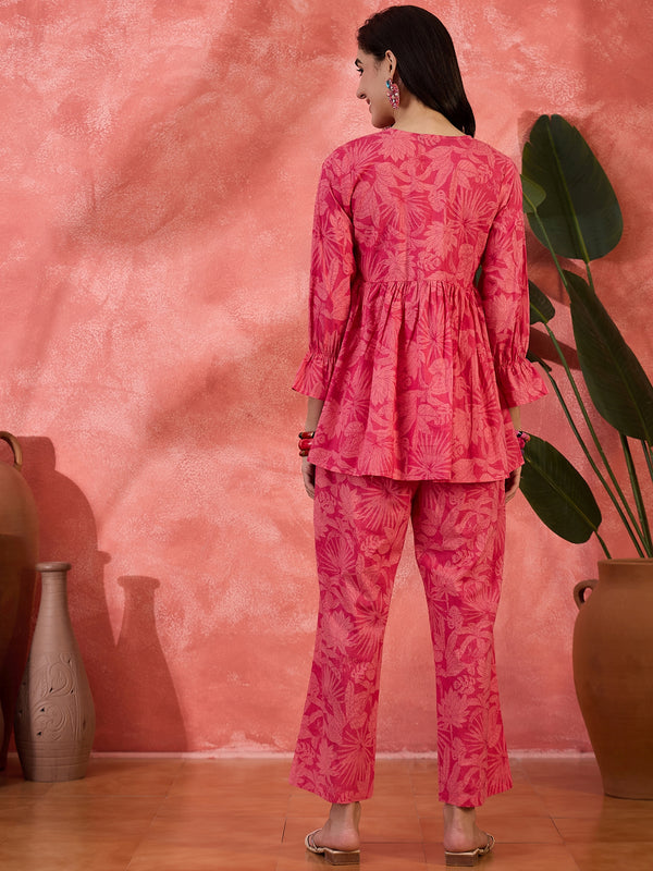Nooraya Petal Pure Cotton Pink V-Neck Three-Quarter Sleeves Co-Ord Set