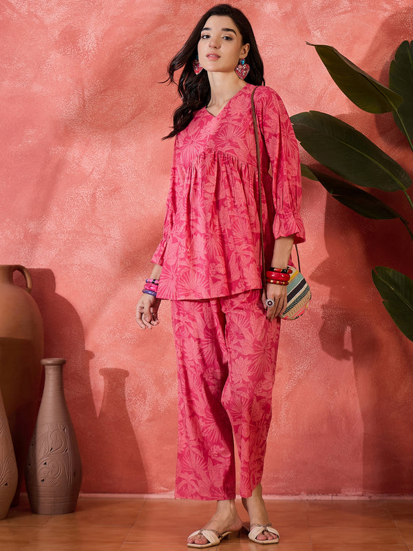 Nooraya Petal Pure Cotton Pink V-Neck Three-Quarter Sleeves Co-Ord Set