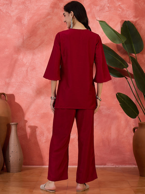 Scarlet Muse Floral Embroidered Tunic with Trousers Co-Ord Set