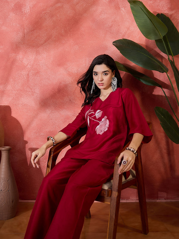 Scarlet Muse Floral Embroidered Tunic with Trousers Co-Ord Set
