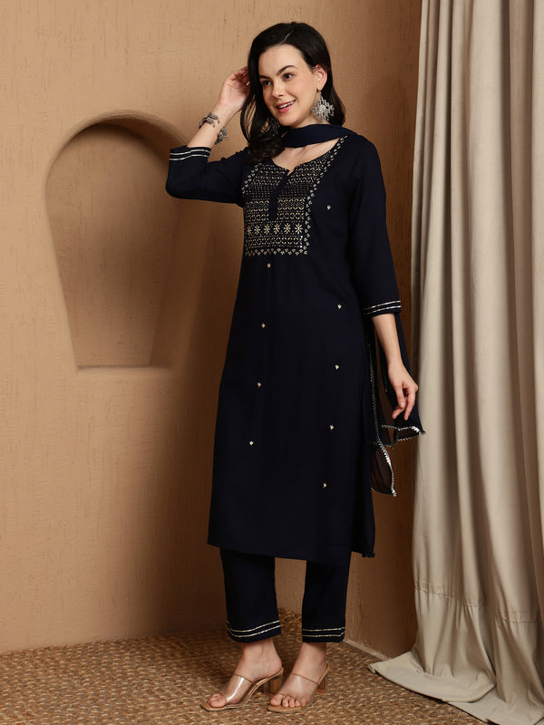Olive Gleam Embroidered Viscose Rayon Kurta Set with Dupatta