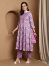 Lavender Bloom Floral Printed Notch Neck Pure Cotton Anarkali Kurta & Trousers With Dupatta