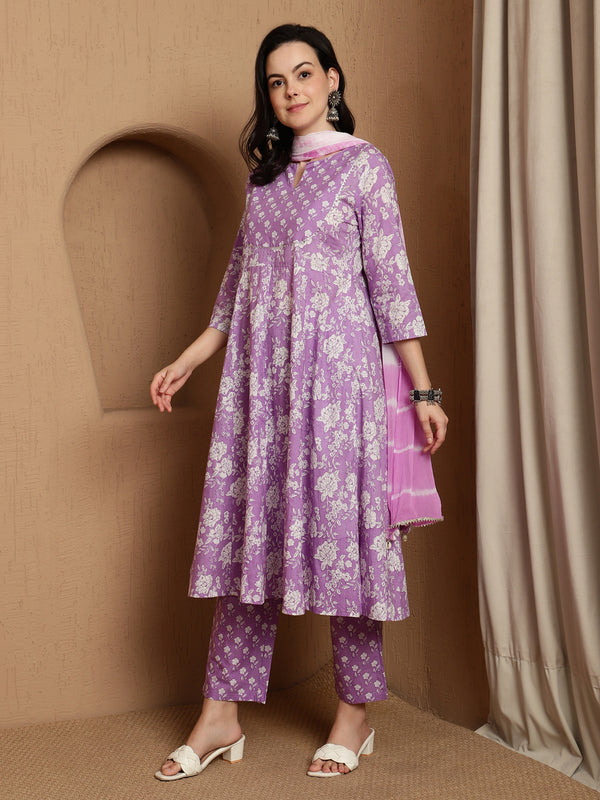 Lavender Bloom Floral Printed Notch Neck Pure Cotton Anarkali Kurta & Trousers With Dupatta