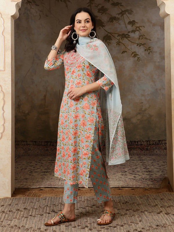 Neelika Floral Printed Blue Cotton Kurta with Trousers & Dupatta