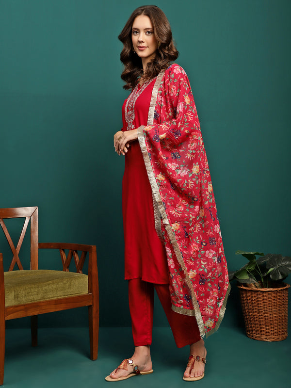 Scarlet Aura Embroidered Straight Kurta Pant with Dupatta Set