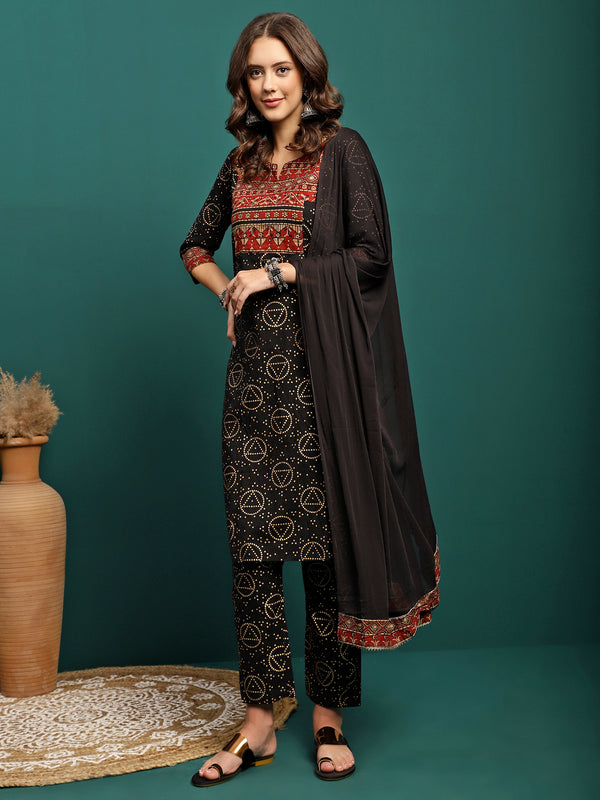 Petal Path Printed Straight Kurta With Trouser & Dupatta Set