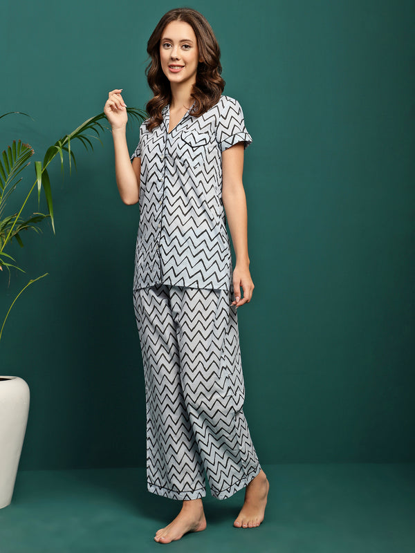 Zig Aura Chevron Printed Pure Cotton Shirt & Pyjama Co-Ord Set