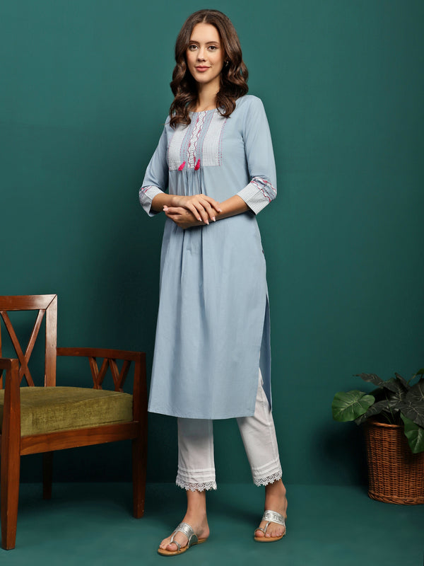 Embroidered Pure Cotton A-Line Kurta With Trouser Set