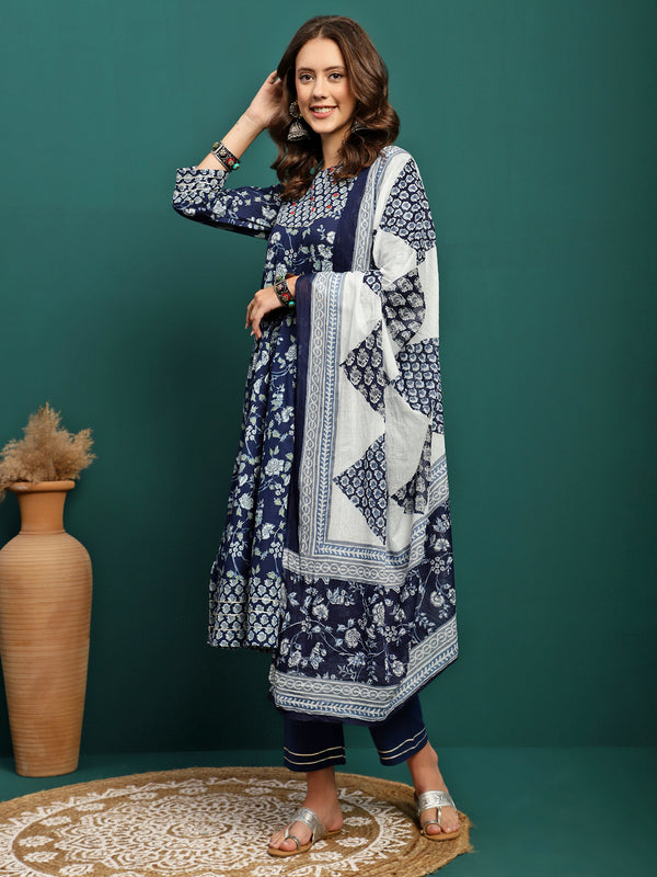 Printed Pure Cotton Anarkali Kurta With Trouser & Dupatta Set
