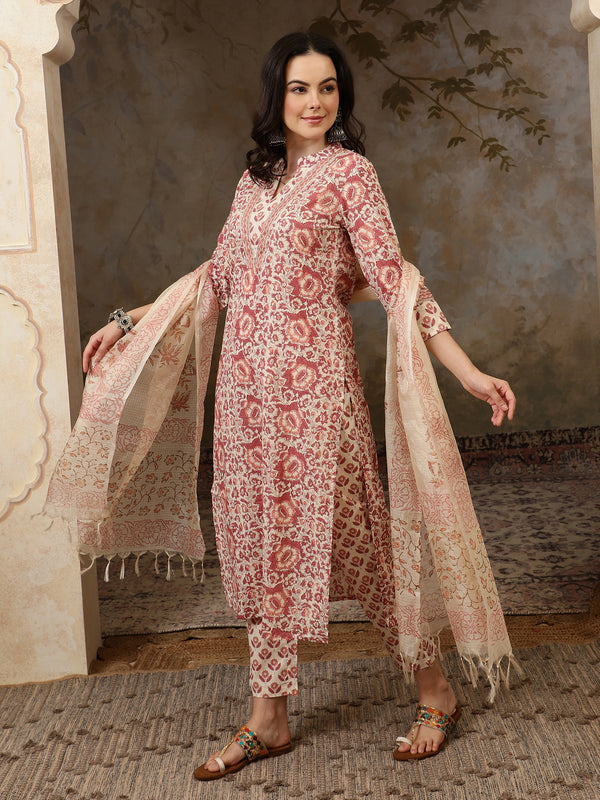 Amaira Floral Printed Straight Pure Cotton Kurta Set with Trousers & Dupatta
