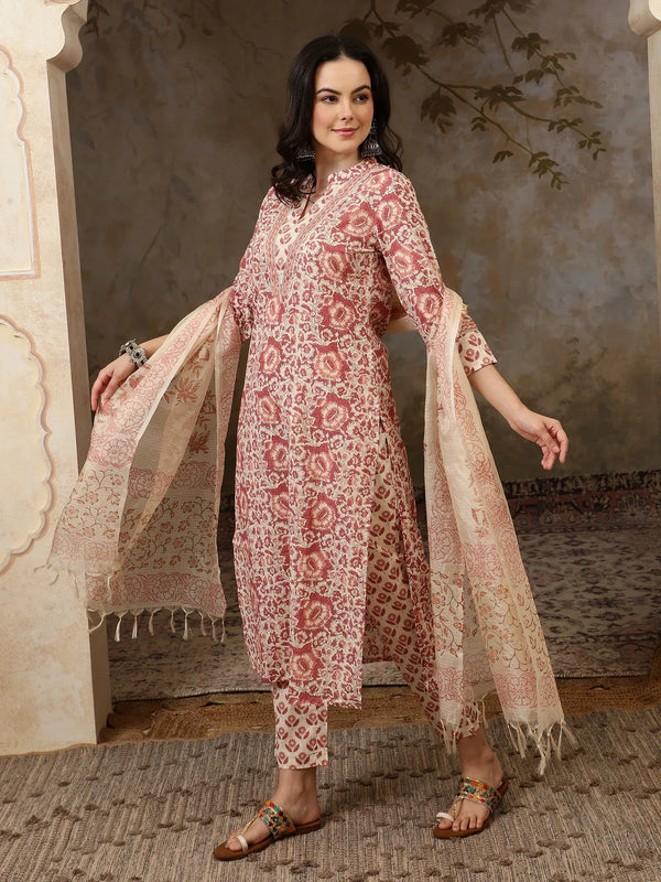 Amaira Floral Printed Straight Pure Cotton Kurta Set with Trousers & Dupatta - BANDIA