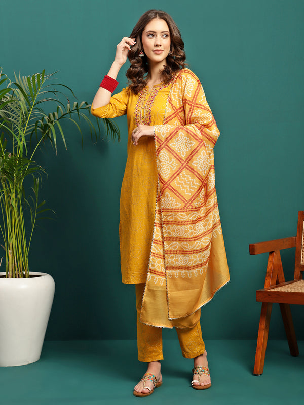 Sun Drape Printed & Embroidered Straight Kurta With Trouser & Dupatta Set