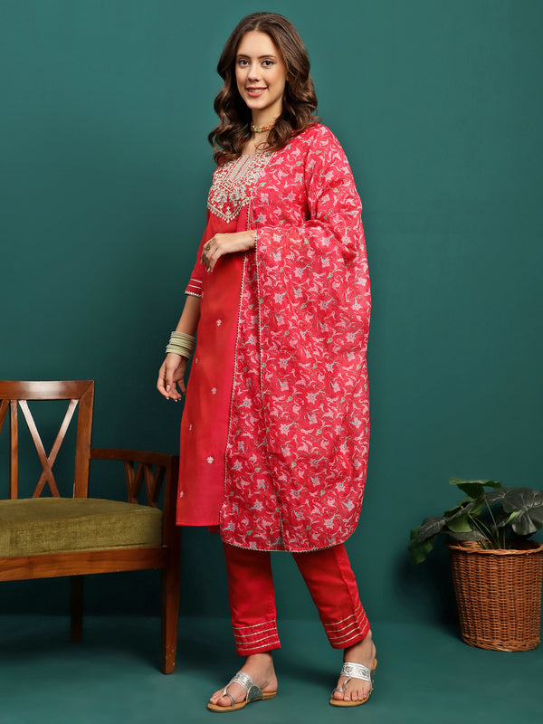 Roselle Grace Embroidered Silk Kurta Pant Dupatta Set