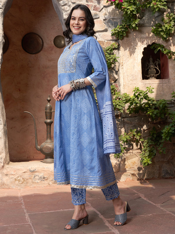 Indigo Drape Bandhej Printed Kurta Pant Dupatta Set
