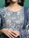 Blue Printed Thread Work Pure Cotton Empire A-Line Kurta with Trousers & Dupatta