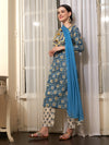 Aqua Bloom Turquoise Cotton Printed Kurta Pant with Dupatta Set Ethnic Wear for Women