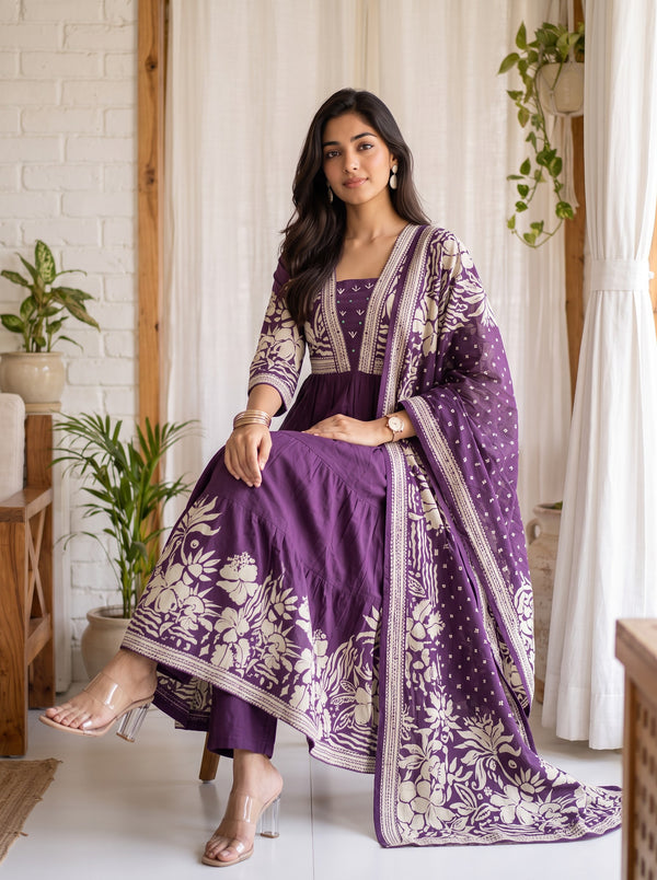 Purple Bloom – Printed Anarkali Kurta Pant with Dupatta Set
