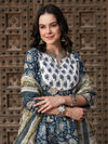 Navy Blue Floral Printed Pure Cotton Anarkali Kurta With Trouser & Dupatta
