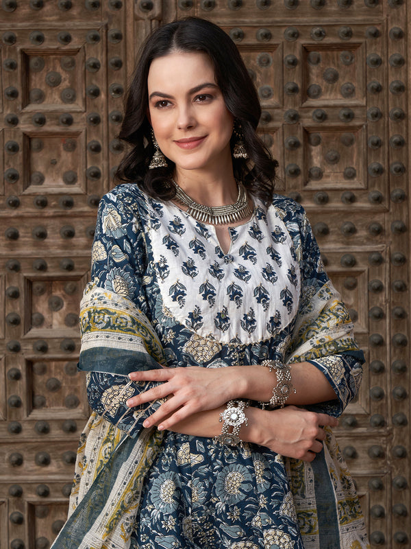 Navy Blue Floral Printed Pure Cotton Anarkali Kurta With Trouser & Dupatta