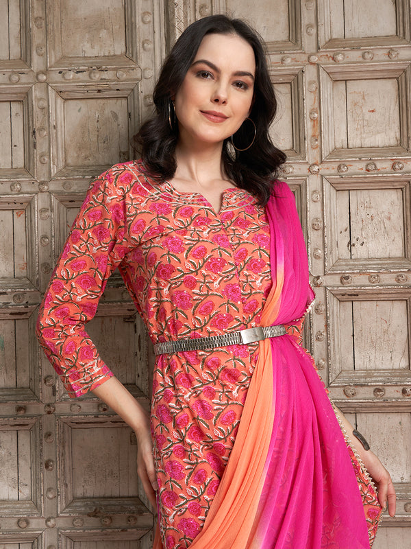 Floral Printed Gotta Patti Pure Cotton Straight Kurta with Trousers & Dupatta