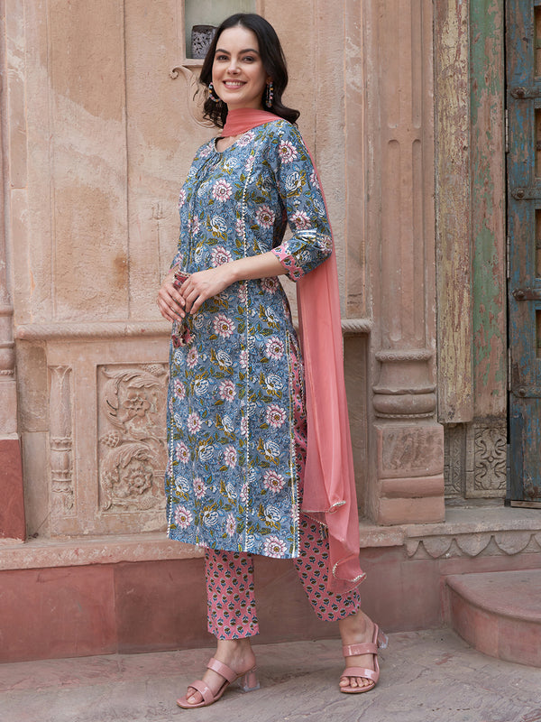 Blue Floral Printed Gotta Patti Pure Cotton Kurta with Trousers & Dupatta