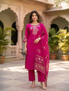 Fuchsia Bloom – Embroidered Straight Kurta Pant with Dupatta Set