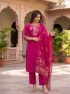 Fuchsia Bloom – Embroidered Straight Kurta Pant with Dupatta Set